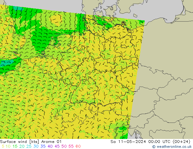 风 10 米 Arome 01 星期六 11.05.2024 00 UTC