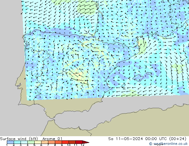 wiatr 10 m (bft) Arome 01 so. 11.05.2024 00 UTC