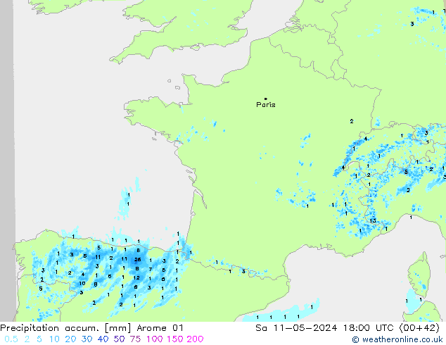 Precipitation accum. Arome 01 so. 11.05.2024 18 UTC