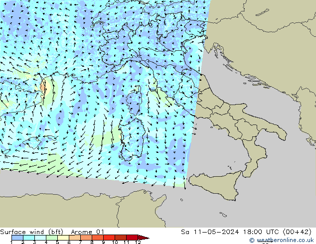 Wind 10 m (bft) Arome 01 za 11.05.2024 18 UTC