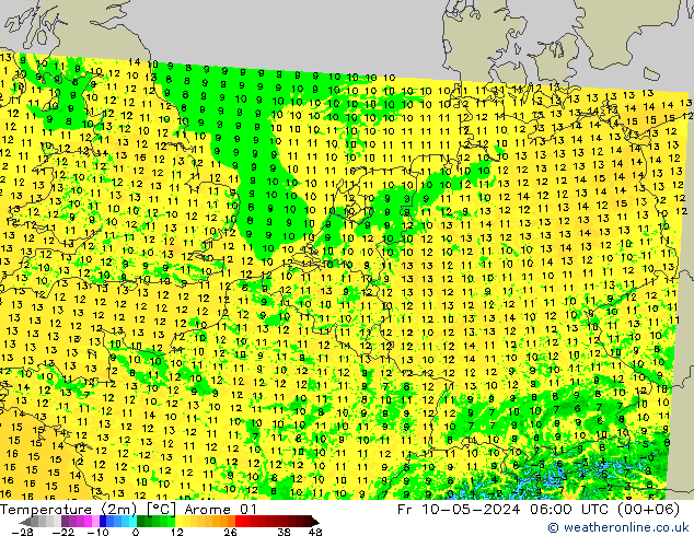 Sıcaklık Haritası (2m) Arome 01 Cu 10.05.2024 06 UTC