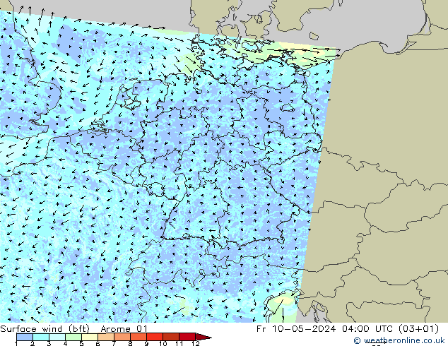 Wind 10 m (bft) Arome 01 vr 10.05.2024 04 UTC