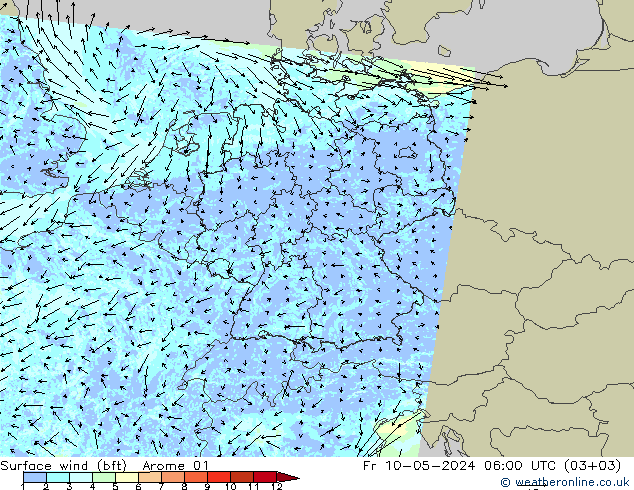 Rüzgar 10 m (bft) Arome 01 Cu 10.05.2024 06 UTC