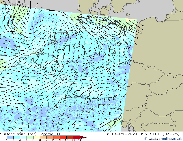 Wind 10 m (bft) Arome 01 vr 10.05.2024 09 UTC