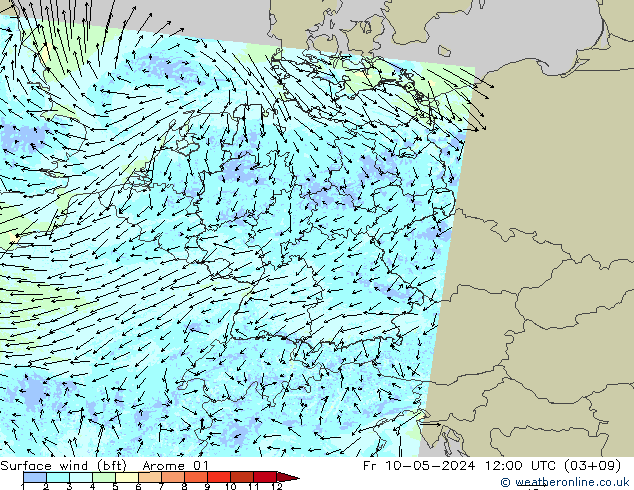 Surface wind (bft) Arome 01 Pá 10.05.2024 12 UTC