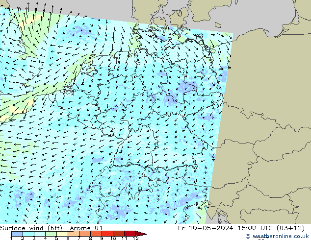 Wind 10 m (bft) Arome 01 vr 10.05.2024 15 UTC