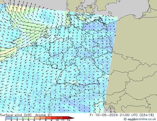 Rüzgar 10 m (bft) Arome 01 Cu 10.05.2024 21 UTC