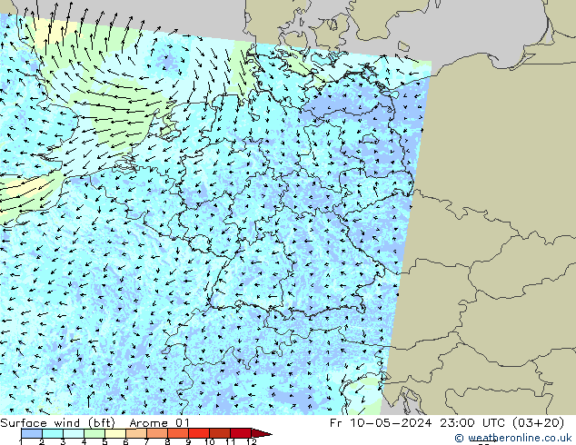 �N 10 米 (bft) Arome 01 星期五 10.05.2024 23 UTC