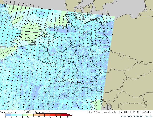 Rüzgar 10 m (bft) Arome 01 Cts 11.05.2024 03 UTC