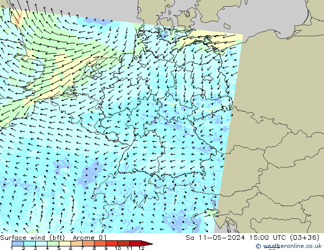 Wind 10 m (bft) Arome 01 za 11.05.2024 15 UTC