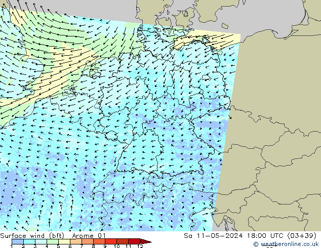 wiatr 10 m (bft) Arome 01 so. 11.05.2024 18 UTC