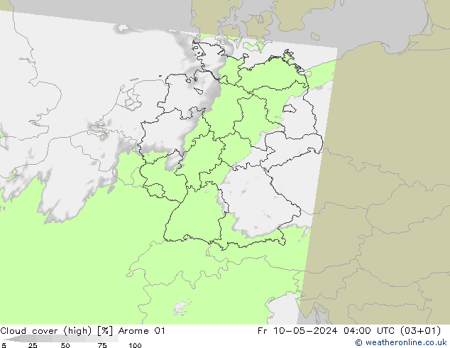 Cloud cover (high) Arome 01 Fr 10.05.2024 04 UTC