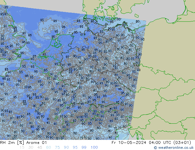 RH 2m Arome 01 星期五 10.05.2024 04 UTC