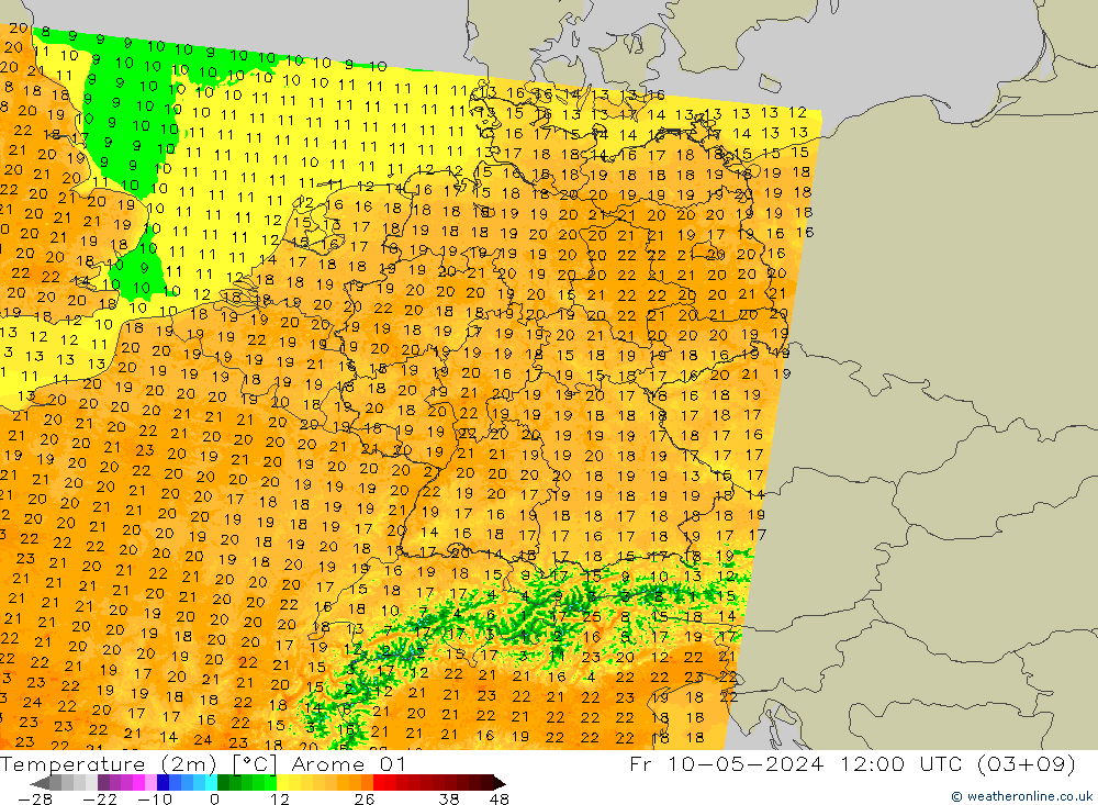 Temperatuurkaart (2m) Arome 01 vr 10.05.2024 12 UTC