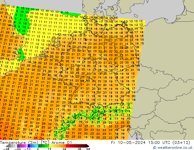 Temperaturkarte (2m) Arome 01 Fr 10.05.2024 15 UTC