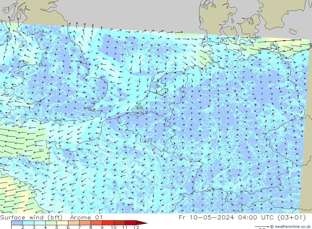 Surface wind (bft) Arome 01 Fr 10.05.2024 04 UTC