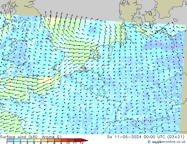 Bodenwind (bft) Arome 01 Sa 11.05.2024 00 UTC