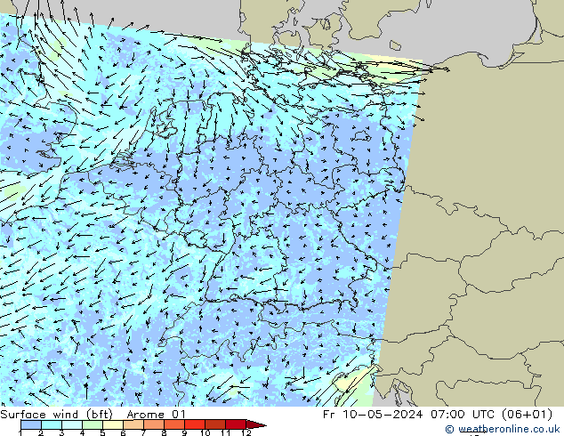 Wind 10 m (bft) Arome 01 vr 10.05.2024 07 UTC
