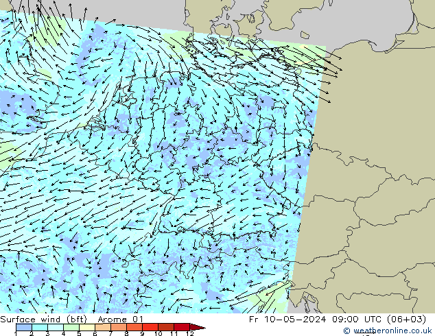 Bodenwind (bft) Arome 01 Fr 10.05.2024 09 UTC