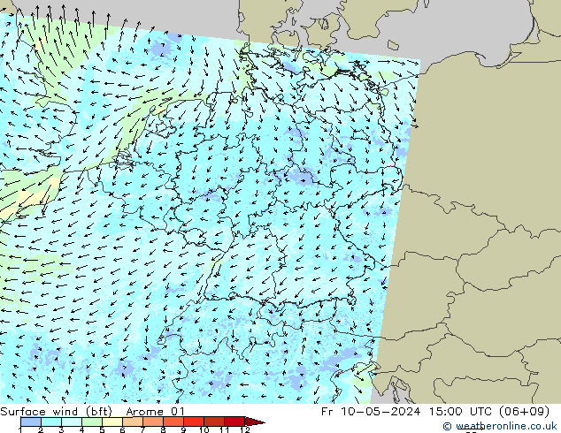Surface wind (bft) Arome 01 Pá 10.05.2024 15 UTC