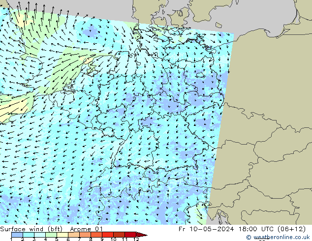 Bodenwind (bft) Arome 01 Fr 10.05.2024 18 UTC
