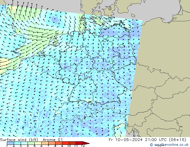 Surface wind (bft) Arome 01 Fr 10.05.2024 21 UTC