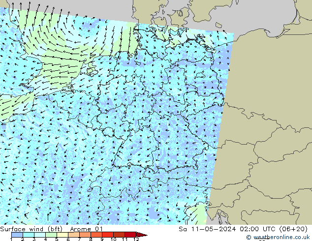 Rüzgar 10 m (bft) Arome 01 Cts 11.05.2024 02 UTC