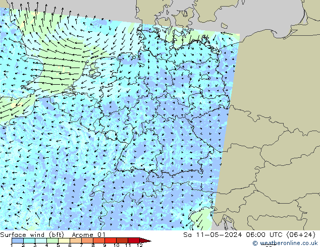 Bodenwind (bft) Arome 01 Sa 11.05.2024 06 UTC