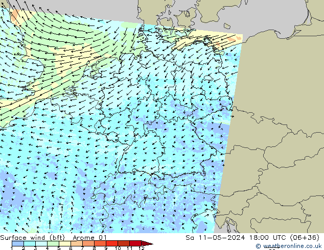 Surface wind (bft) Arome 01 So 11.05.2024 18 UTC