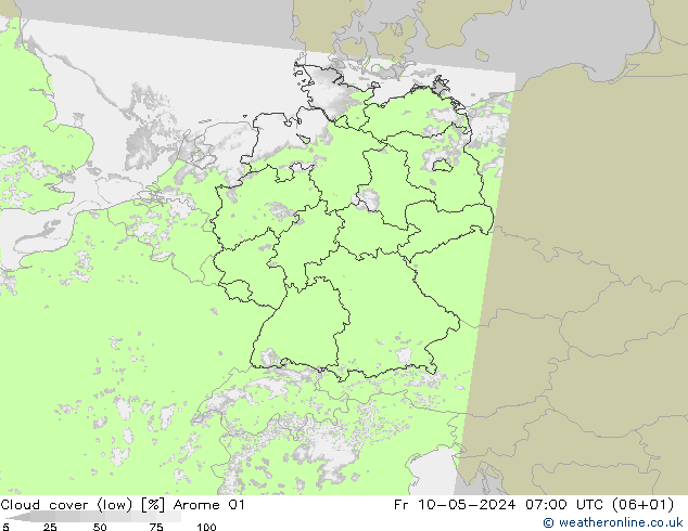 Cloud cover (low) Arome 01 Fr 10.05.2024 07 UTC