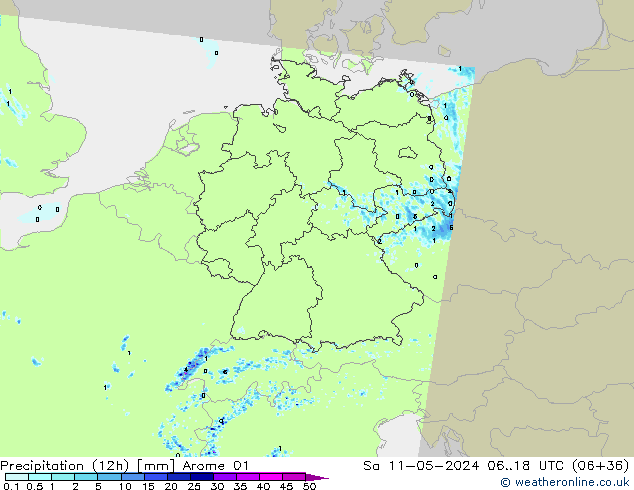 Totale neerslag (12h) Arome 01 za 11.05.2024 18 UTC