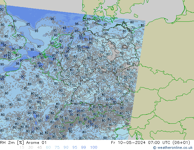 RH 2m Arome 01 星期五 10.05.2024 07 UTC