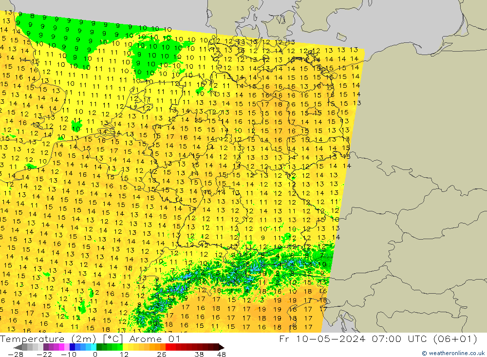 温度图 Arome 01 星期五 10.05.2024 07 UTC