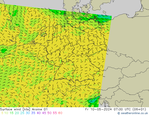 风 10 米 Arome 01 星期五 10.05.2024 07 UTC