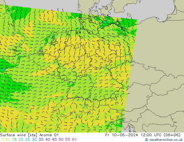 Surface wind Arome 01 Pá 10.05.2024 12 UTC