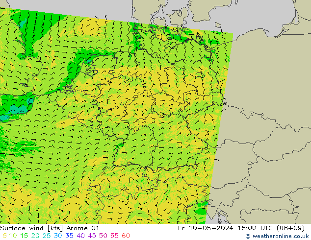 Viento 10 m Arome 01 vie 10.05.2024 15 UTC