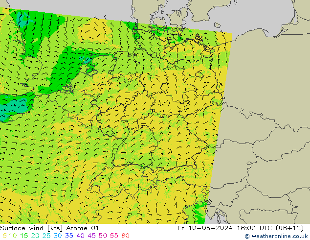 Viento 10 m Arome 01 vie 10.05.2024 18 UTC