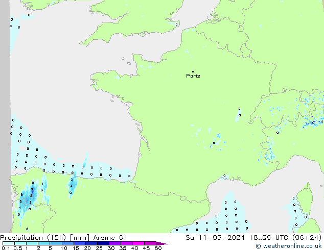 осадки (12h) Arome 01 сб 11.05.2024 06 UTC