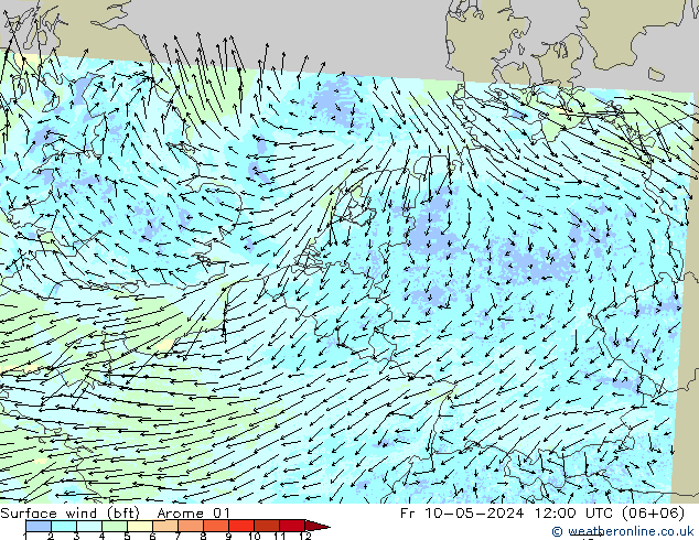 Surface wind (bft) Arome 01 Pá 10.05.2024 12 UTC