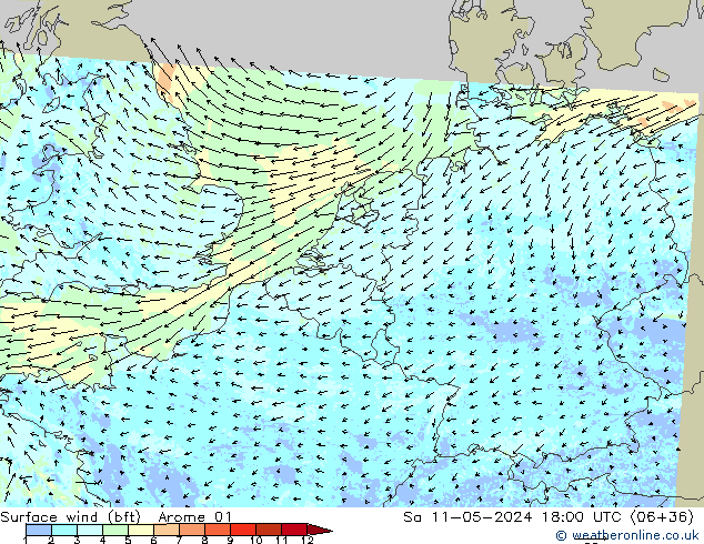 Surface wind (bft) Arome 01 Sa 11.05.2024 18 UTC