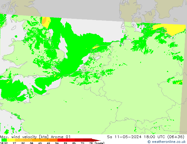 Max. wind velocity Arome 01 Sa 11.05.2024 18 UTC