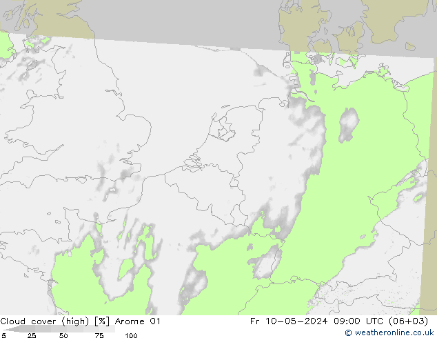 Cloud cover (high) Arome 01 Fr 10.05.2024 09 UTC
