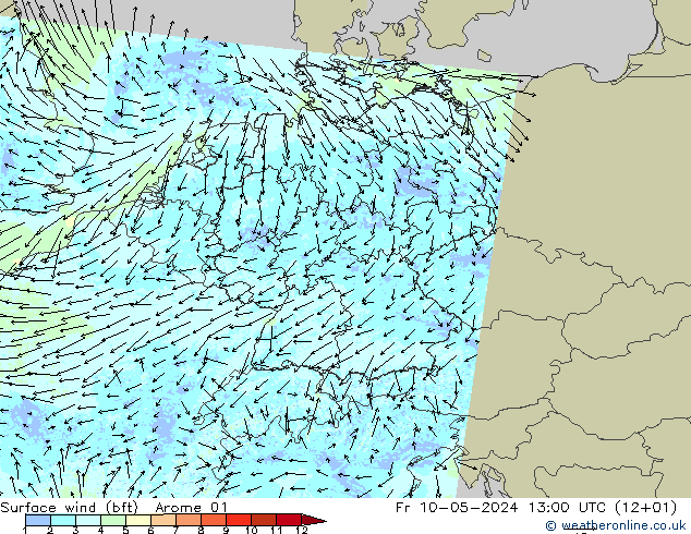 wiatr 10 m (bft) Arome 01 pt. 10.05.2024 13 UTC