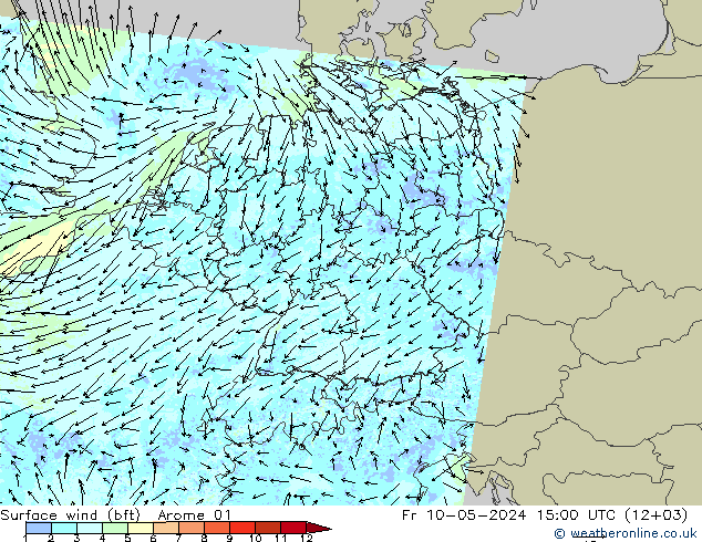 Wind 10 m (bft) Arome 01 vr 10.05.2024 15 UTC