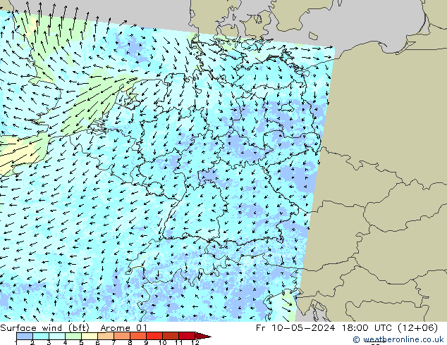 Wind 10 m (bft) Arome 01 vr 10.05.2024 18 UTC
