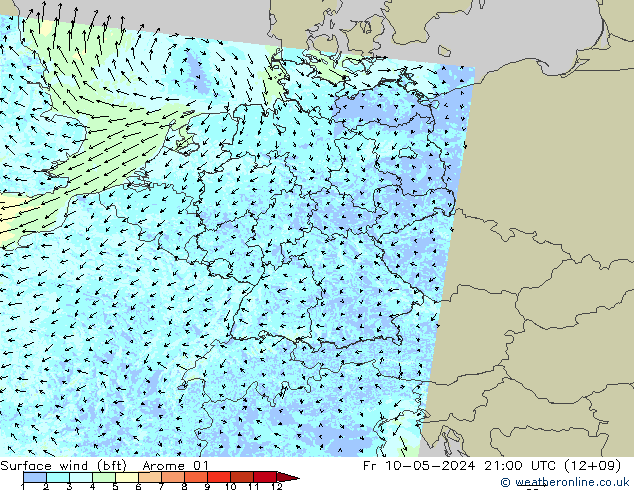Wind 10 m (bft) Arome 01 vr 10.05.2024 21 UTC