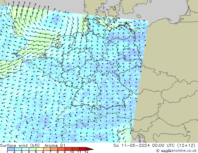 �N 10 米 (bft) Arome 01 星期六 11.05.2024 00 UTC