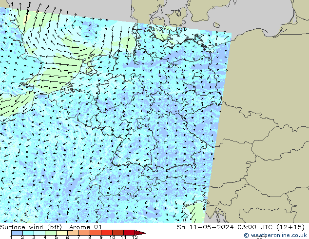 Surface wind (bft) Arome 01 Sa 11.05.2024 03 UTC