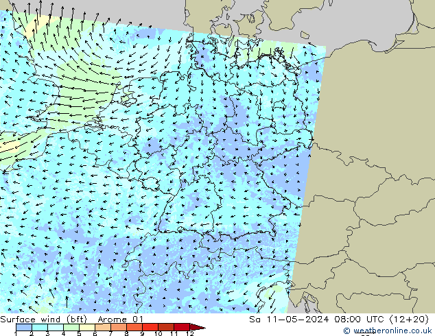 �N 10 米 (bft) Arome 01 星期六 11.05.2024 08 UTC