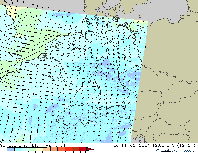 Rüzgar 10 m (bft) Arome 01 Cts 11.05.2024 12 UTC